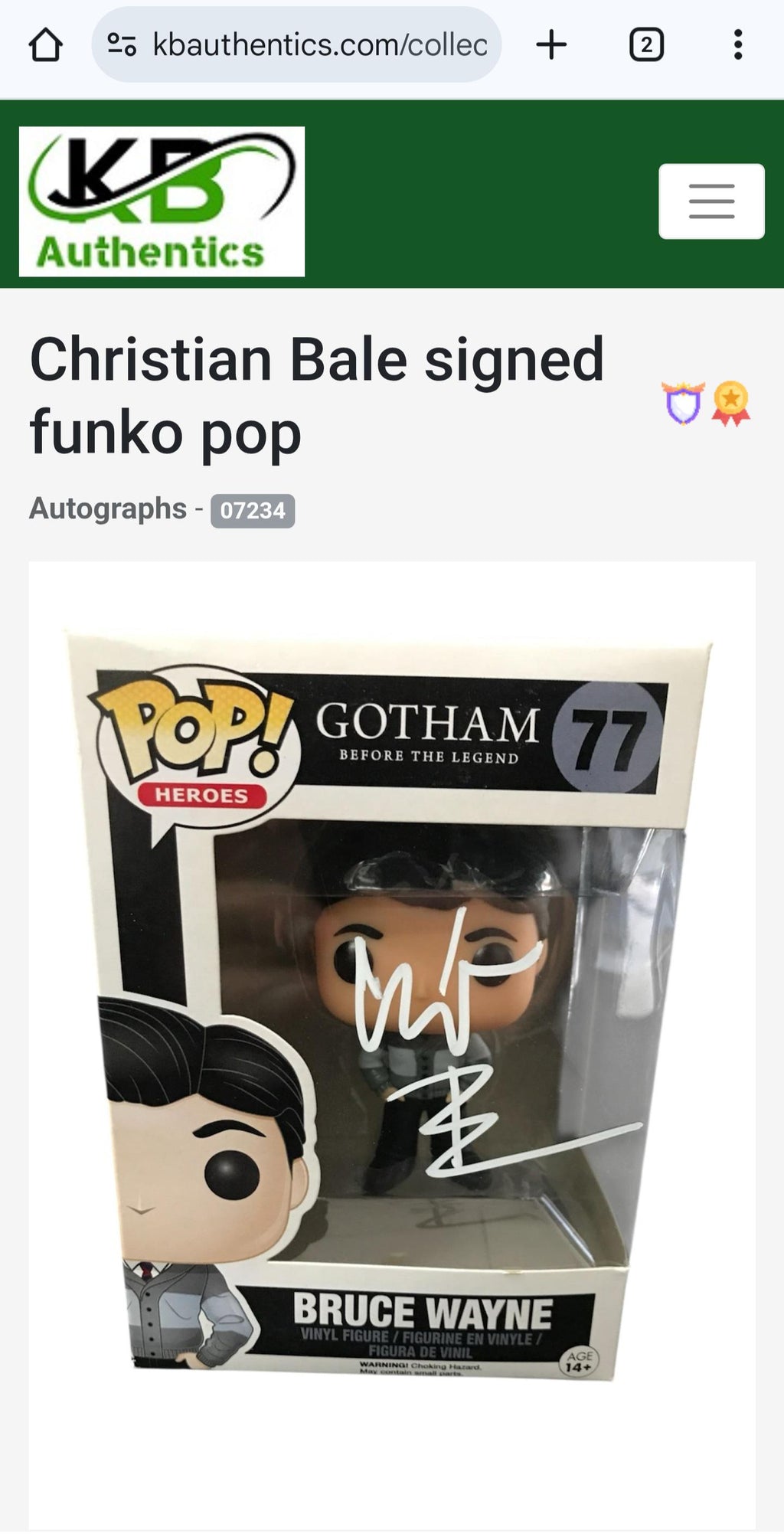 Christian Bale Signed Autographed Funko Pop Bruce Wayne Batman Authenticated