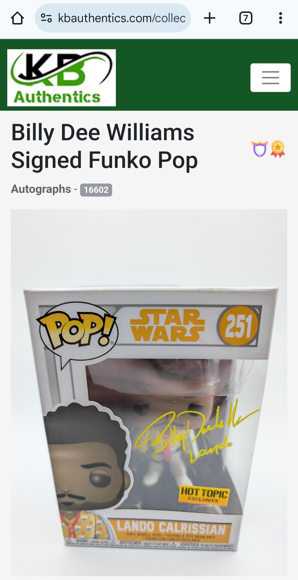 Billy Dee Williams Signed Autographed Funko Pop Lando Calrissian Authenticated