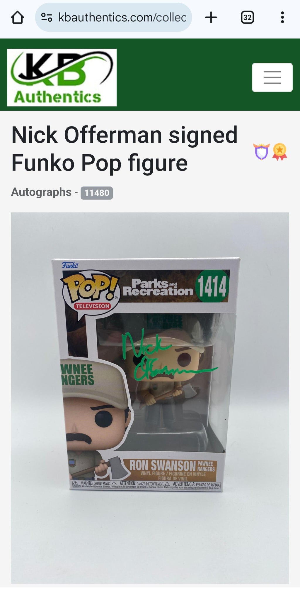 Nick Offerman Signed Autographed Funko Pop Ron Swanson Parks and Recreation w/ COA