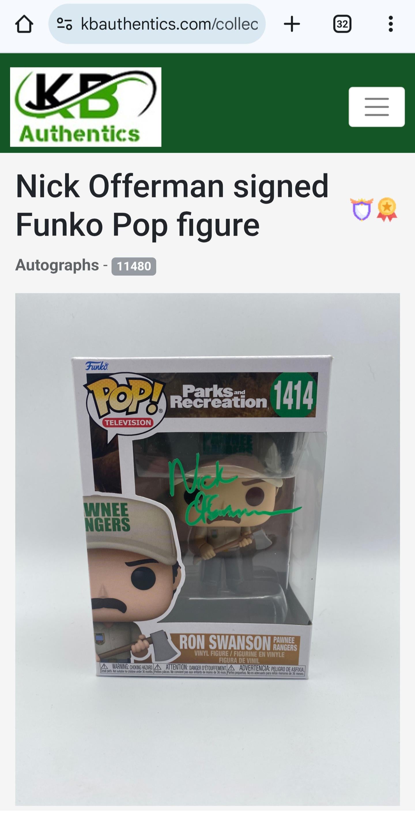 Nick Offerman Signed Autographed Funko Pop Ron Swanson Parks and Recreation w/ COA
