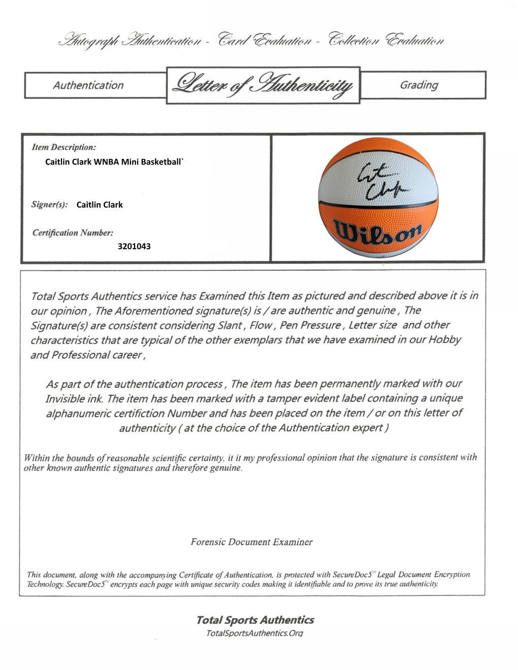Caitlin Clark Signed Autographed WNBA Wilson Mini Basketball Indiana Fever w/ LOA