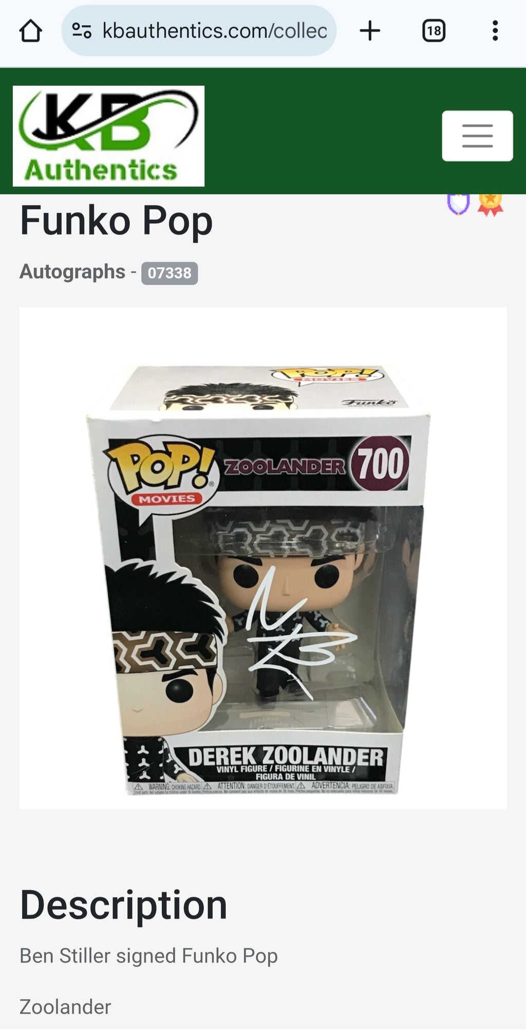Ben Stiller Autographed Signed Funko Pop Derek Zoolander with Hologram COA