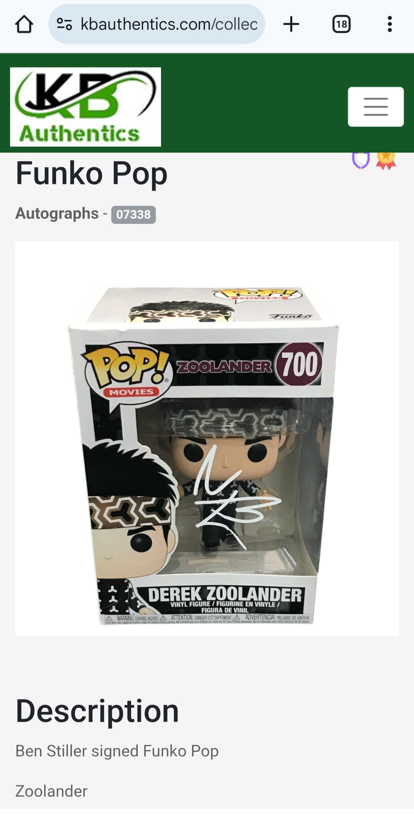 Ben Stiller Autographed Signed Funko Pop Derek Zoolander with Hologram COA