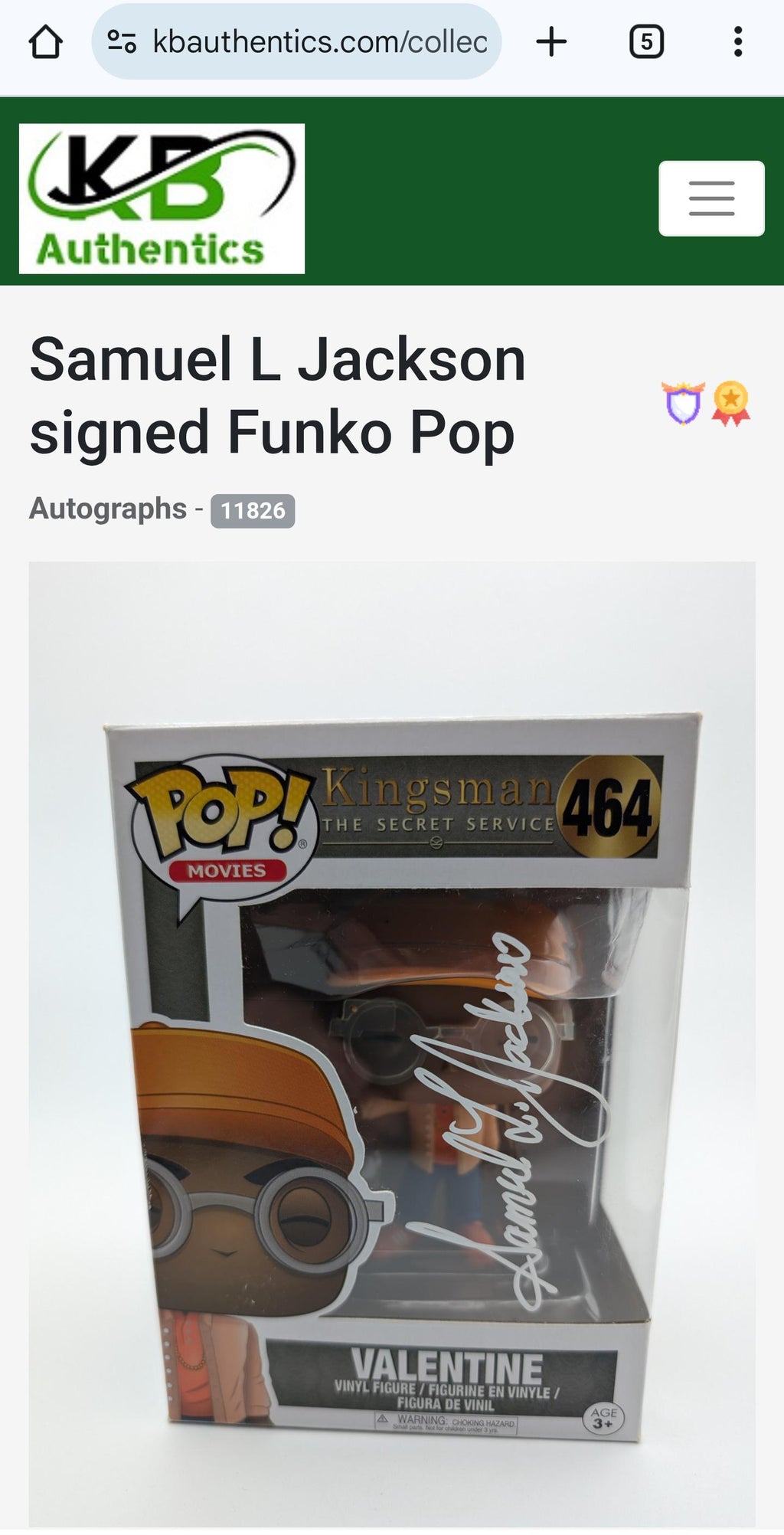 Samuel L Jackson Signed Autographed Funko Pop Valentine Kingsman with Holo COA