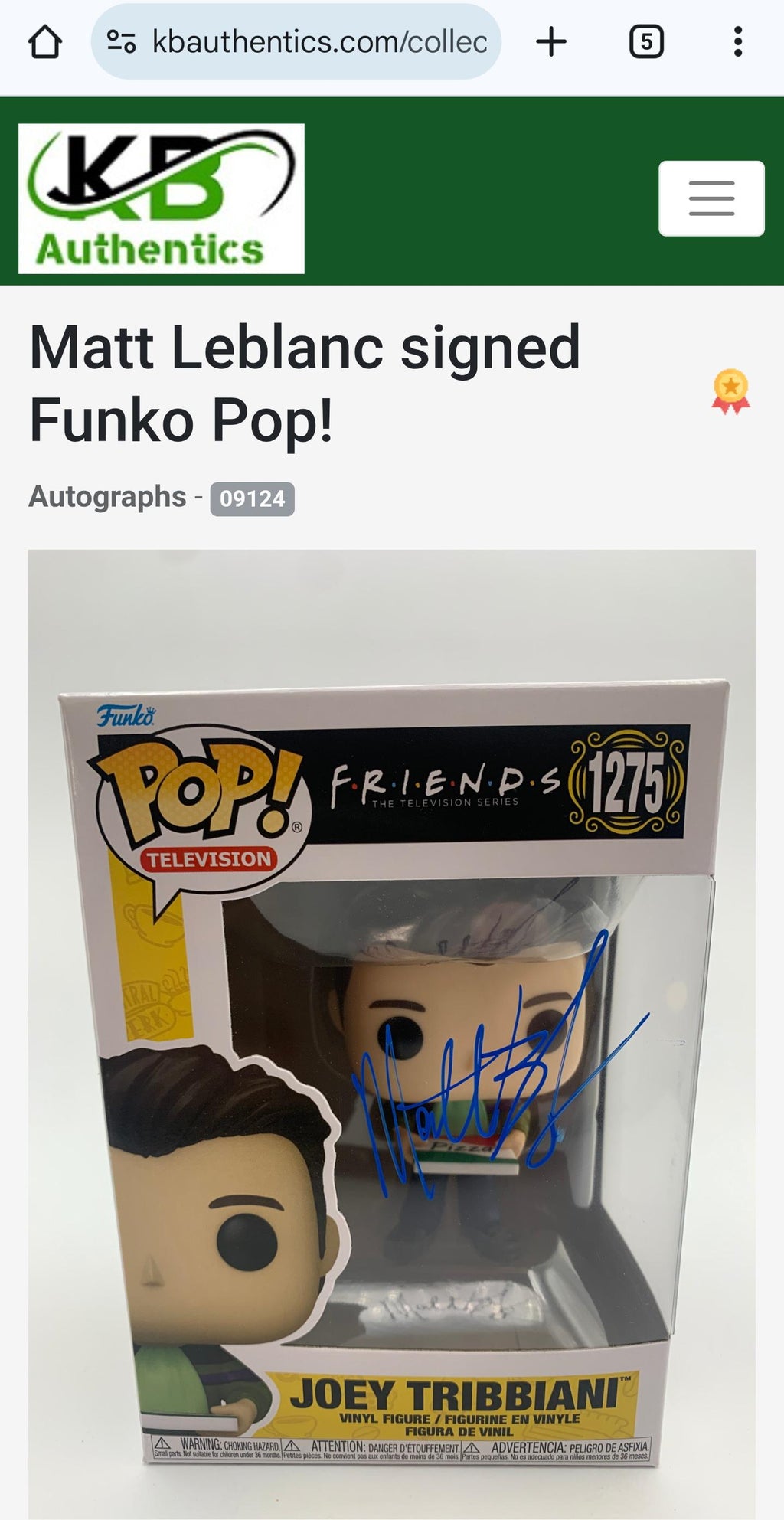 Matthew LeBlanc Autographed Signed Funko Pop Friends Joey Tribbiani w/ Hologram COA