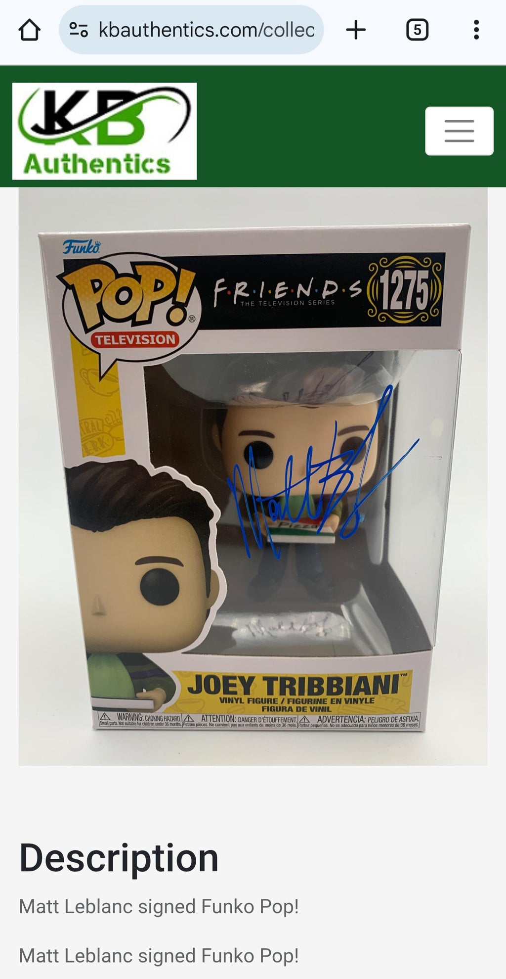 Matthew LeBlanc Autographed Signed Funko Pop Friends Joey Tribbiani w/ Hologram COA