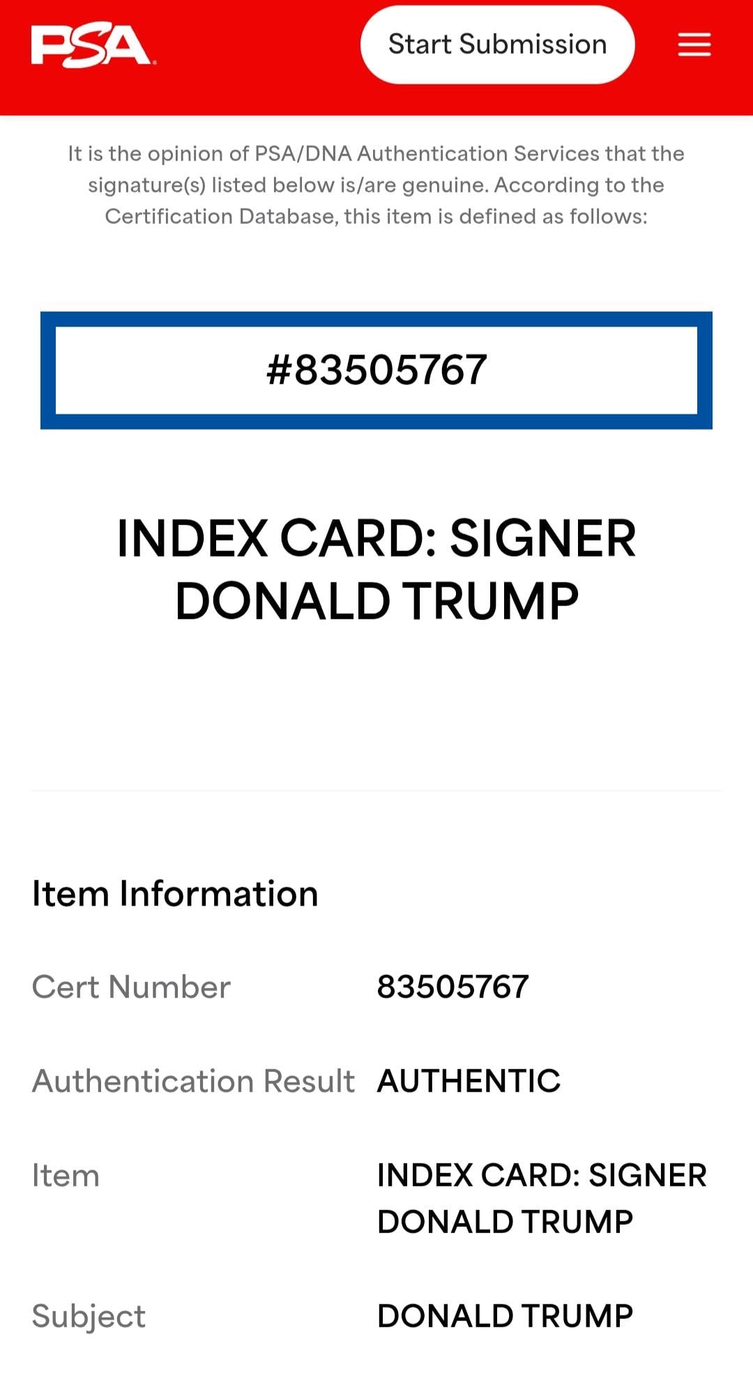 Donald Trump Signed Index Card PSA DNA COA Autographed