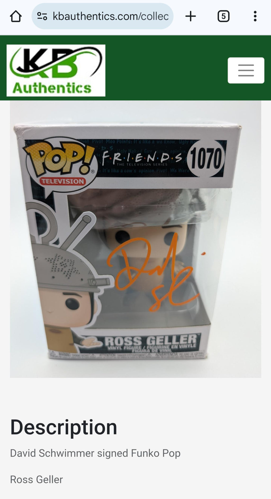 David Schwimmer Autographed Signed Funko Pop Friends Ross Geller w/ Hologram COA