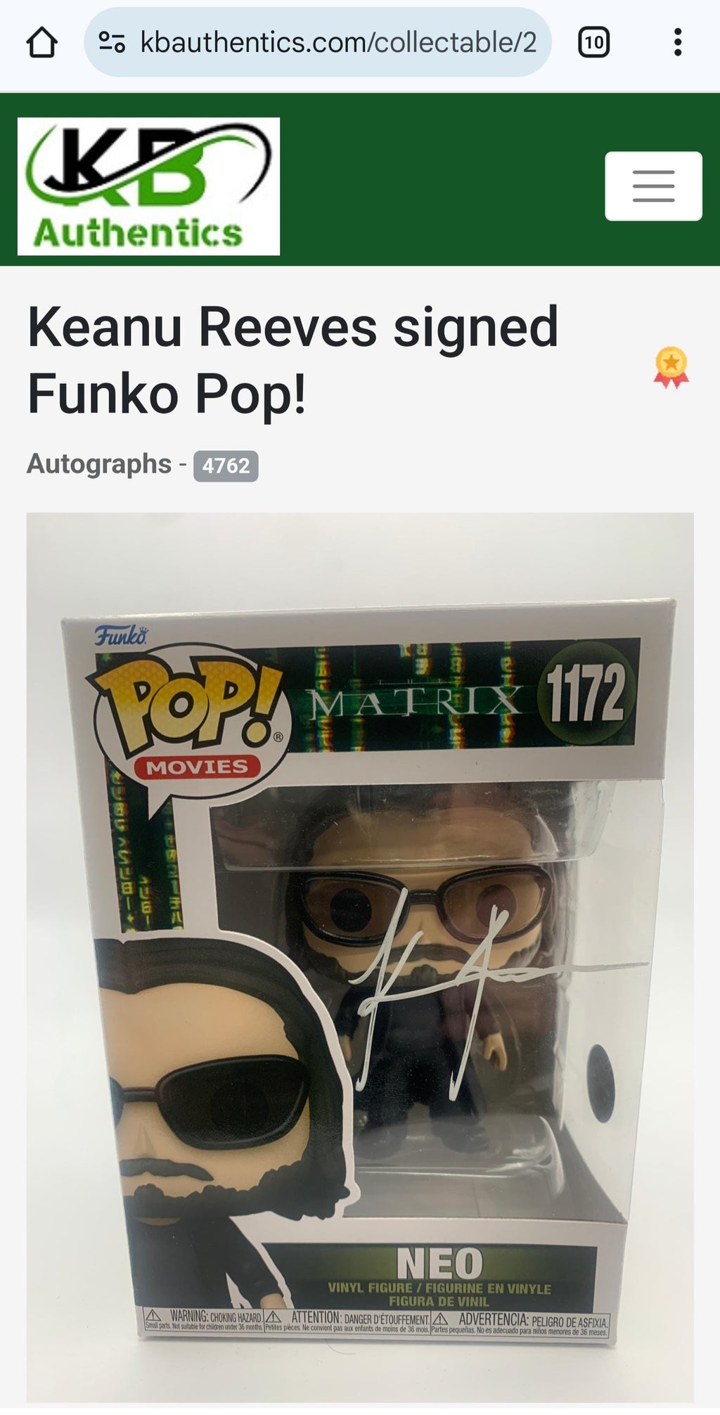 Keanu Reeves Signed Autographed Neo The Matrix Funko Pop w/ COA