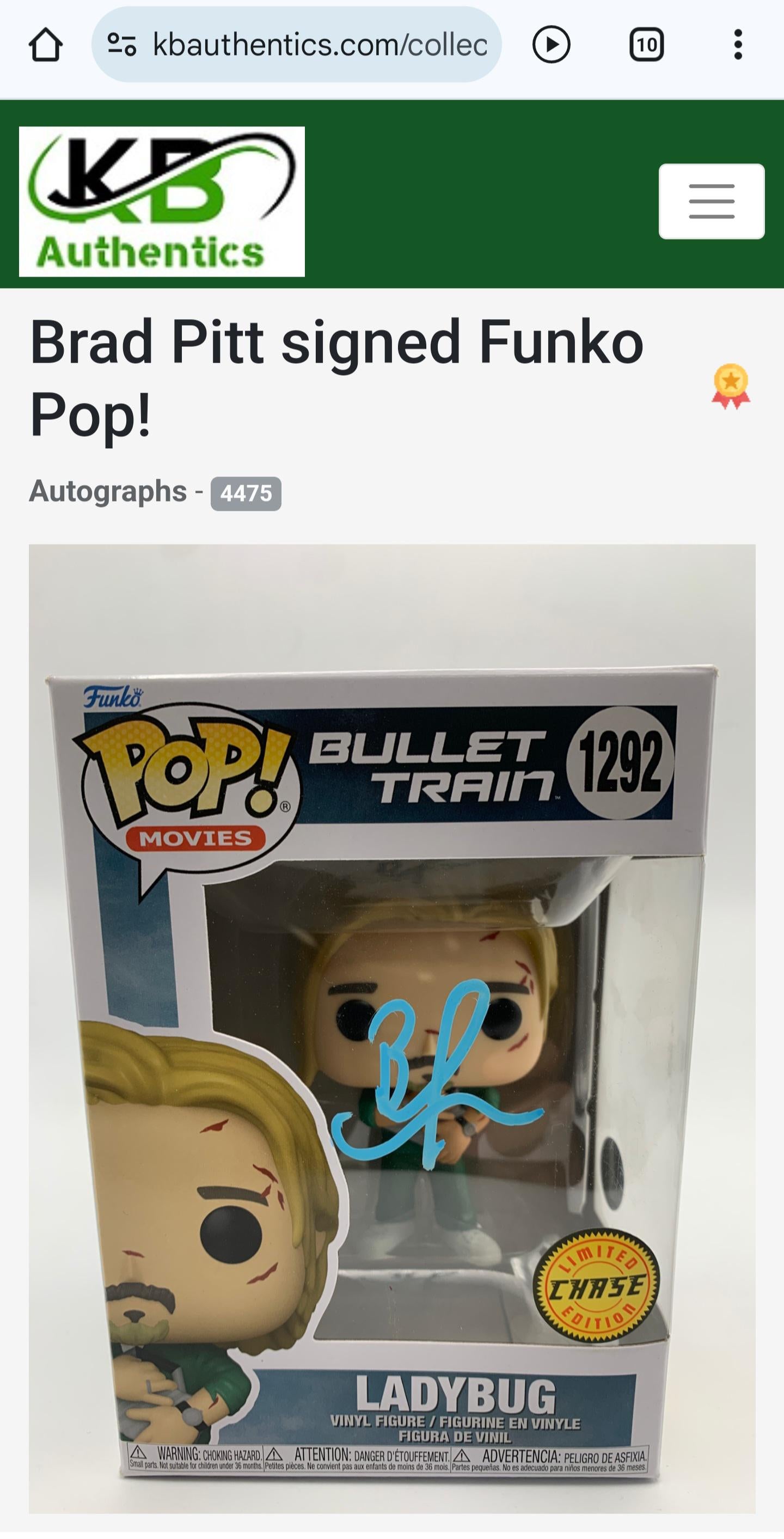 Brad Pitt Signed Autographed Funko Pop Ladybug Bullet Train Chase with Hologram COA