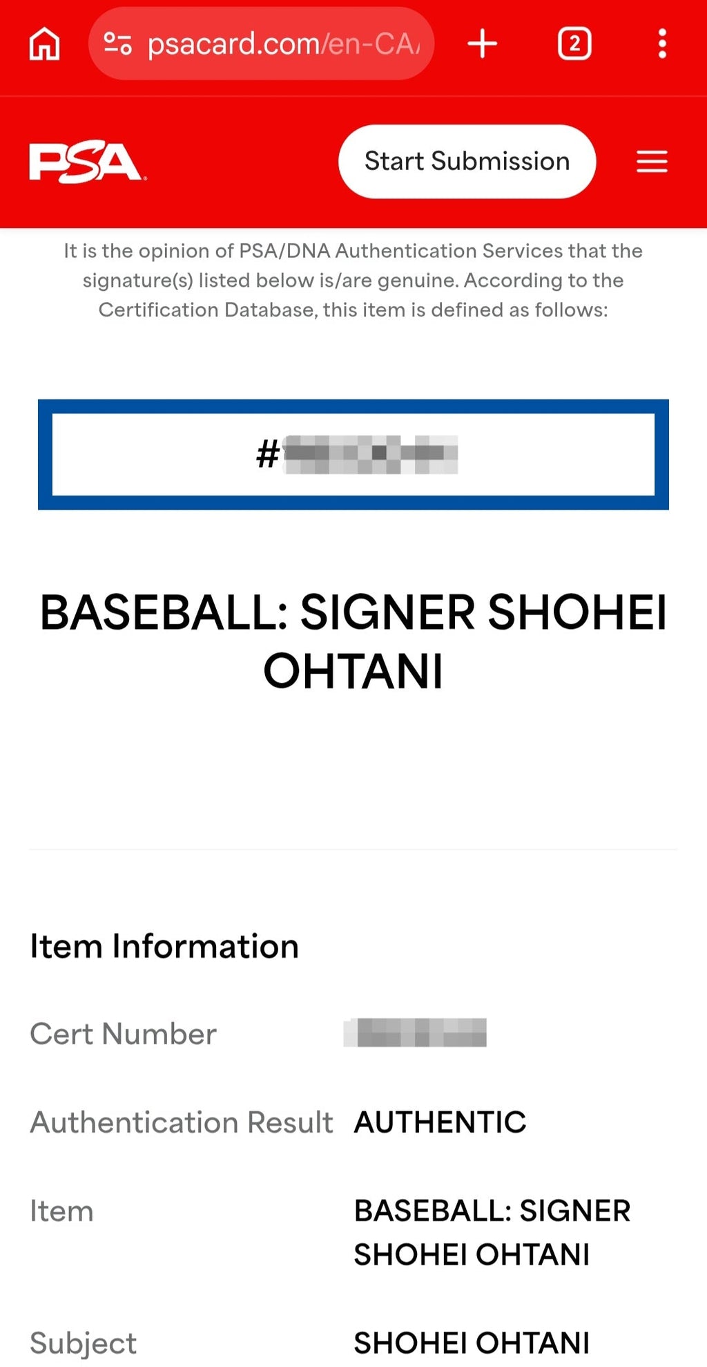 Shohei Ohtani Signed Baseball with PSA/DNA COA — Early Signature