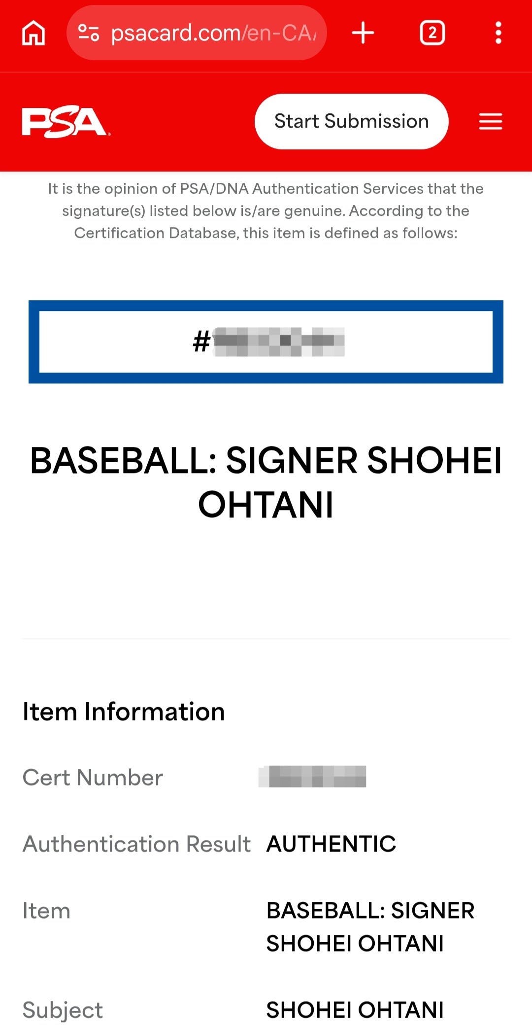 Shohei Ohtani Signed Baseball with PSA/DNA COA — Early Signature