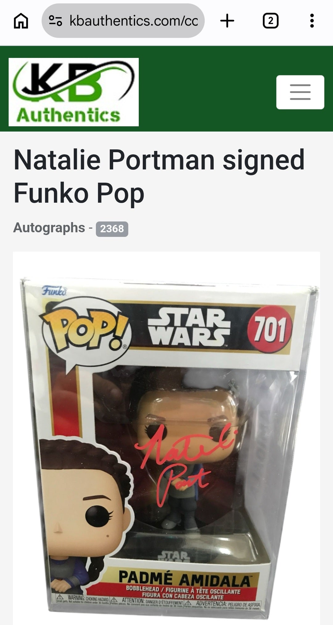 Natalie Portman Signed Star Wars Funko Pop #701 Padme Amidala with KB Authentics COA